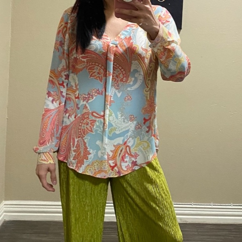 Rose+Olive multicolored Paisley Print V-neck Long Sleeves Sheer Blouse